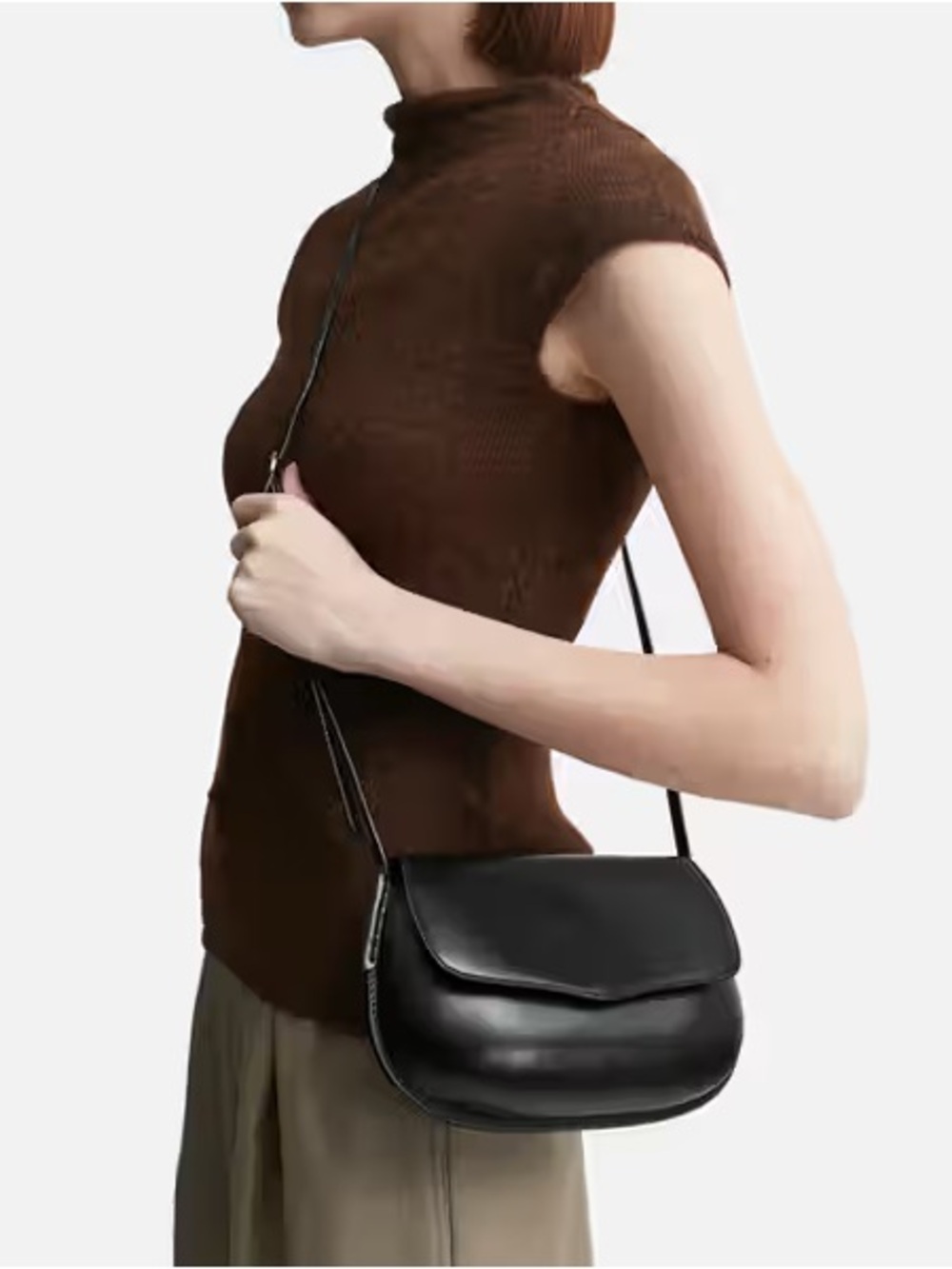 Lemaire Black Leather Curved Flap Crossbody Bag